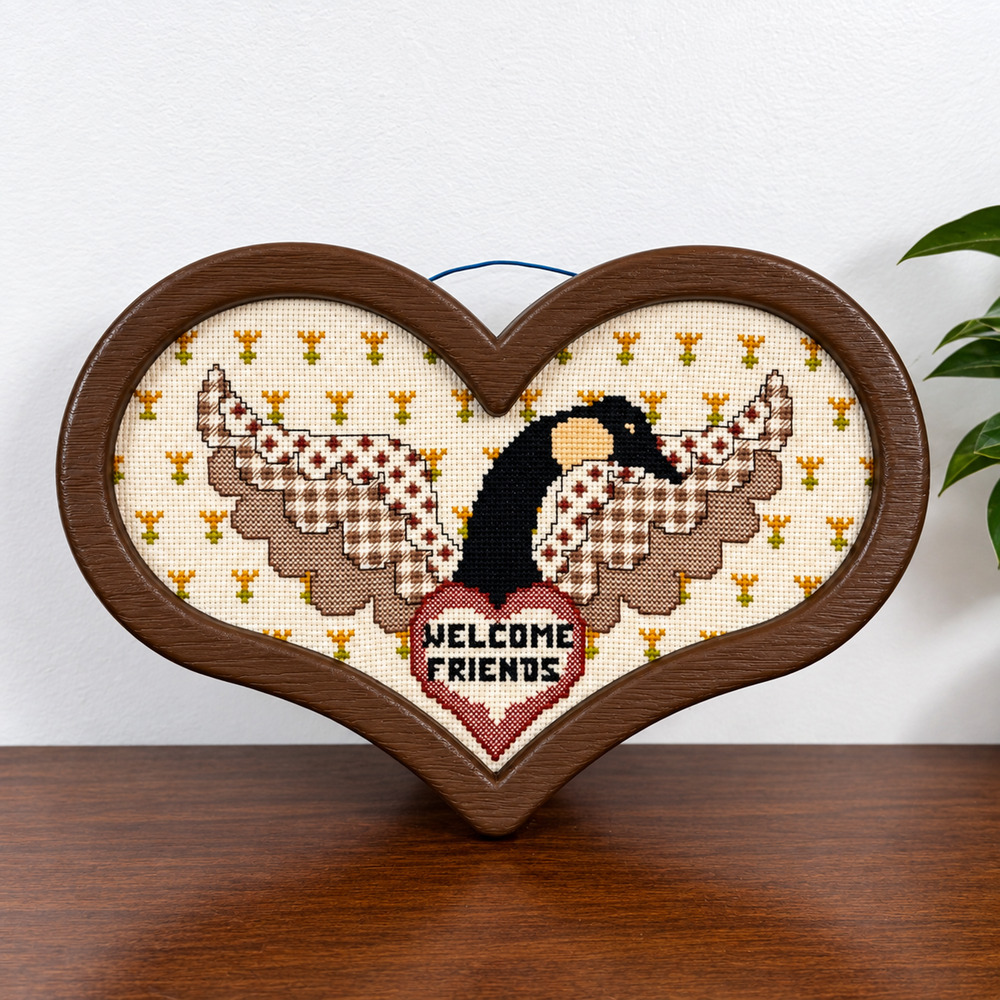 Vintage Goose Heart Wall Hanging Needlepoint Cross Stitch 7 x 11.5